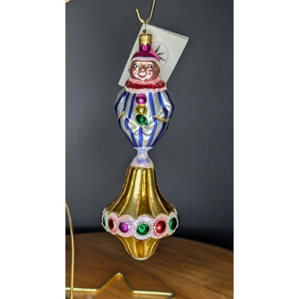 Christopher Radko Topsy Twins Clown Spinning Top Glass Ornament 1998 1999 Tag 8"